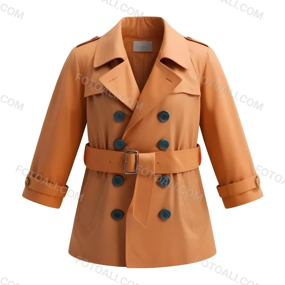 3d Model A Stylized Cartoonish Trench Coat In A Warm Orange Color Featuring A Double Breasted Design With Dark Buttons And A Wide Belt Around The Waist The Coat Has A Classic Collar And Rolled Up Sleeves Giving It A 13 F32f