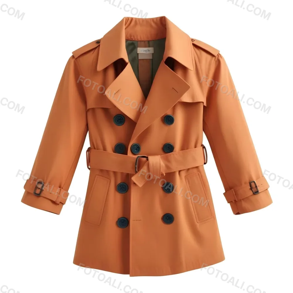 3d Model A Stylized Cartoonish Trench Coat In A Warm Orange Color Featuring A Double Breasted Design With Dark Buttons And A Wide Belt Around The Waist The Coat Has A Classic Collar And Rolled Up Sleeves Giving It A 17 2527
