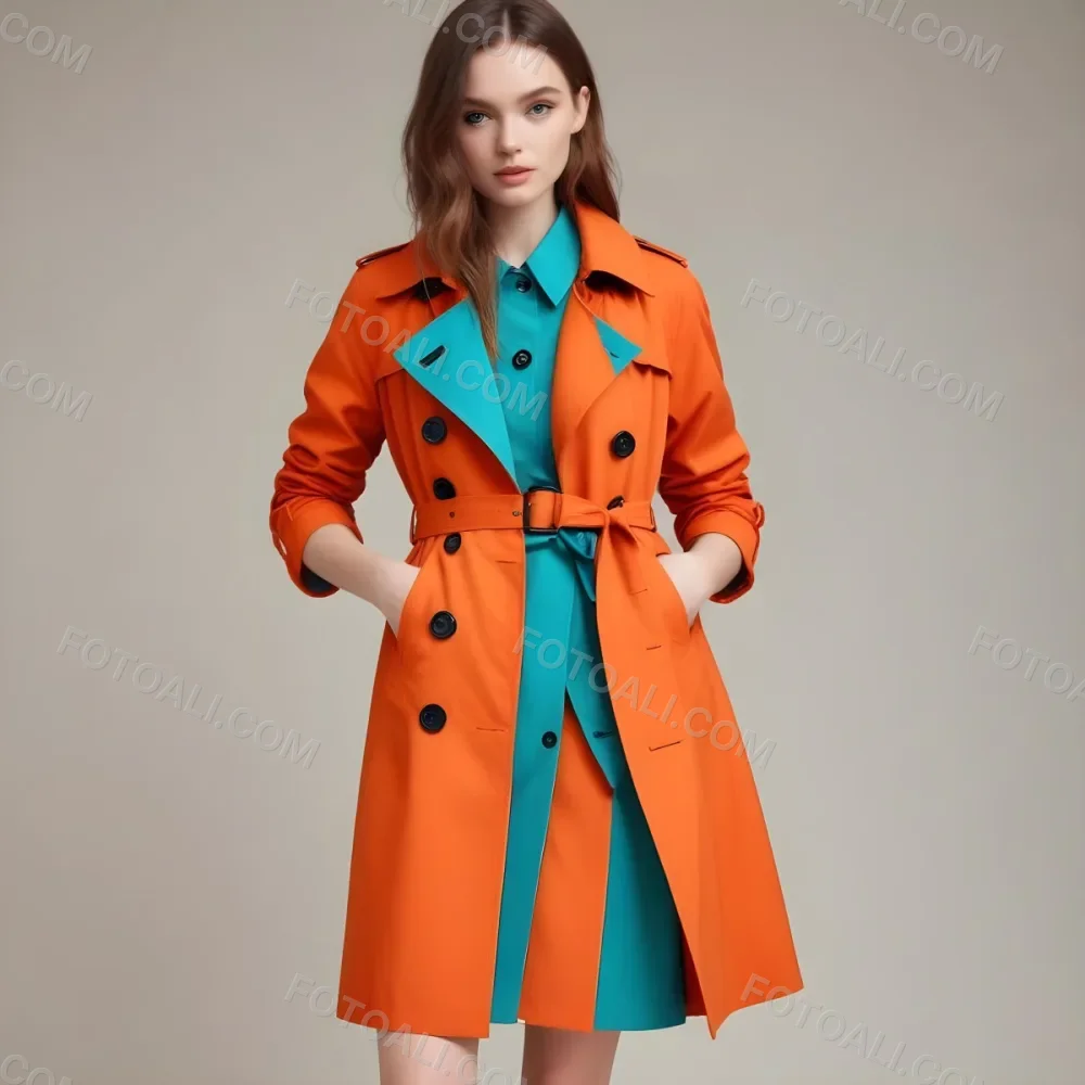 3d Model A Stylized Cartoonish Trench Coat In A Warm Orange Color Featuring A Double Breasted Design With Dark Buttons And A Wide Belt Around The Waist The Coat Has A Classic Collar And Rolled Up Sleeves Giving It A 23 8a36