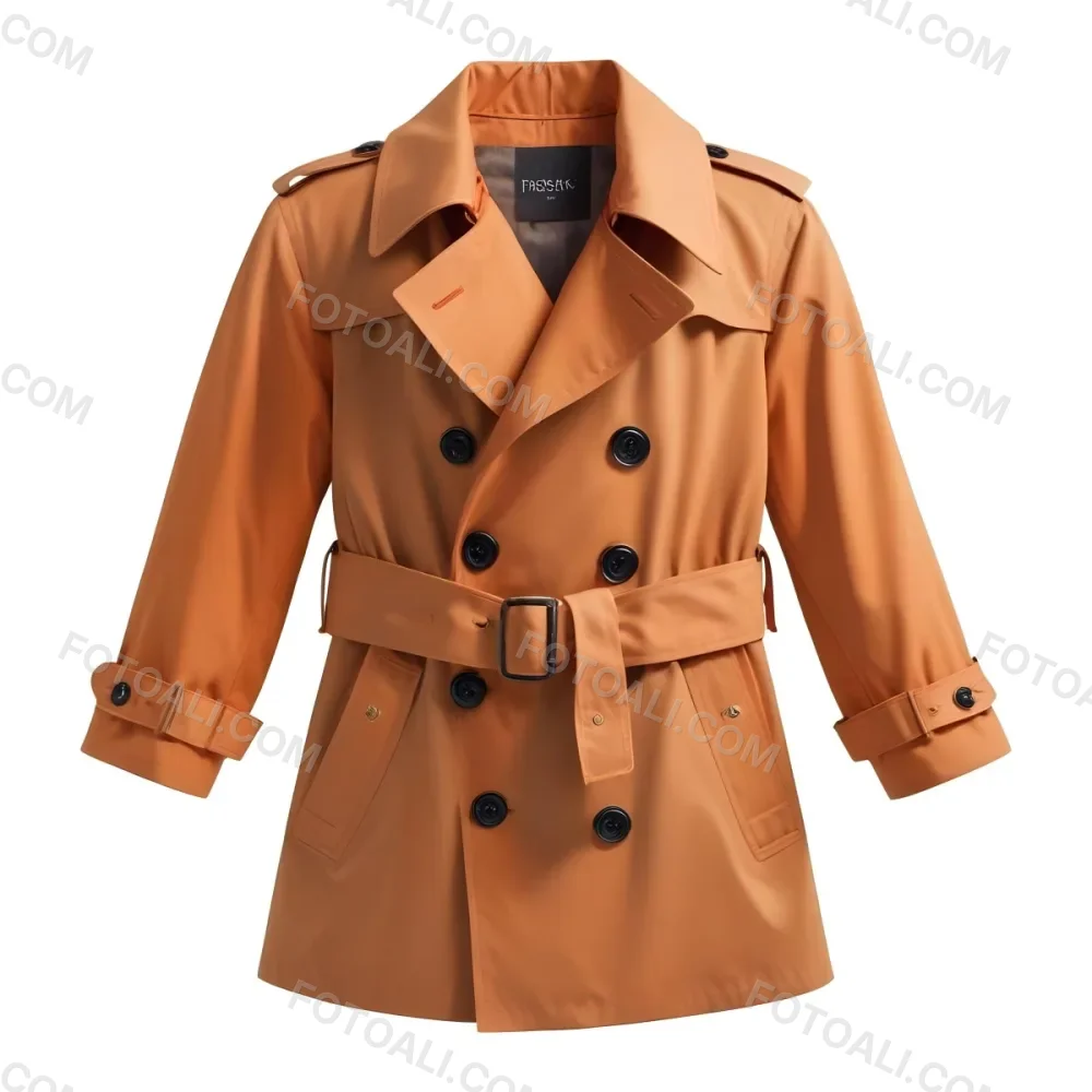 3d Model A Stylized Cartoonish Trench Coat In A Warm Orange Color Featuring A Double Breasted Design With Dark Buttons And A Wide Belt Around The Waist The Coat Has A Classic Collar And Rolled Up Sleeves Giving It A 32 2fac