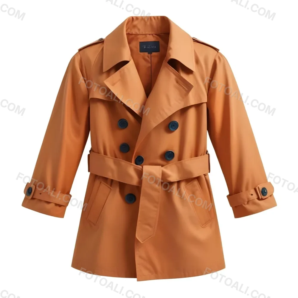 3d Model A Stylized Cartoonish Trench Coat In A Warm Orange Color Featuring A Double Breasted Design With Dark Buttons And A Wide Belt Around The Waist The Coat Has A Classic Collar And Rolled Up Sleeves Giving It A 48 713b
