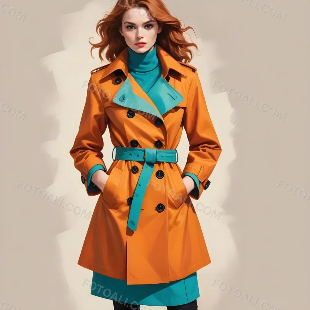 3d Model A Stylized Cartoonish Trench Coat In A Warm Orange Color Featuring A Double Breasted Design With Dark Buttons And A Wide Belt Around The Waist The Coat Has A Classic Collar And Rolled Up Sleeves Giving It A 51 Fd8a