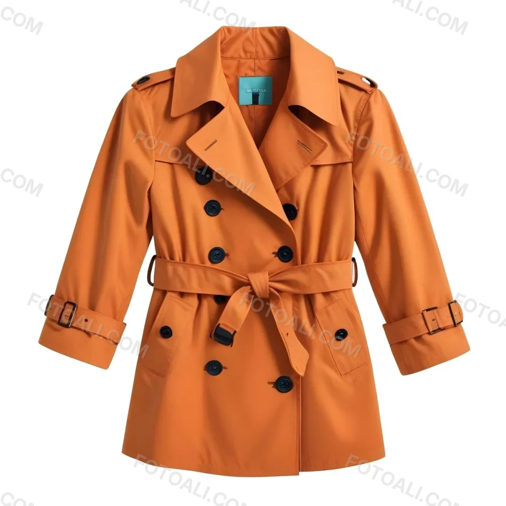 3d Model A Stylized Cartoonish Trench Coat In A Warm Orange Color Featuring A Double Breasted Design With Dark Buttons And A Wide Belt Around The Waist The Coat Has A Classic Collar And Rolled Up Sleeves Giving It A 68 6d1d