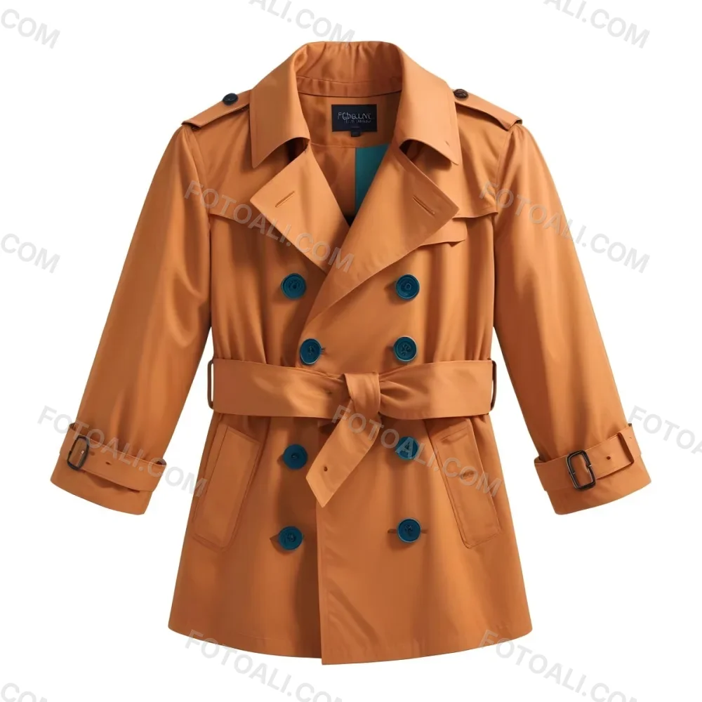 3d Model A Stylized Cartoonish Trench Coat In A Warm Orange Color Featuring A Double Breasted Design With Dark Buttons And A Wide Belt Around The Waist The Coat Has A Classic Collar And Rolled Up Sleeves Giving It A 71 Ddce