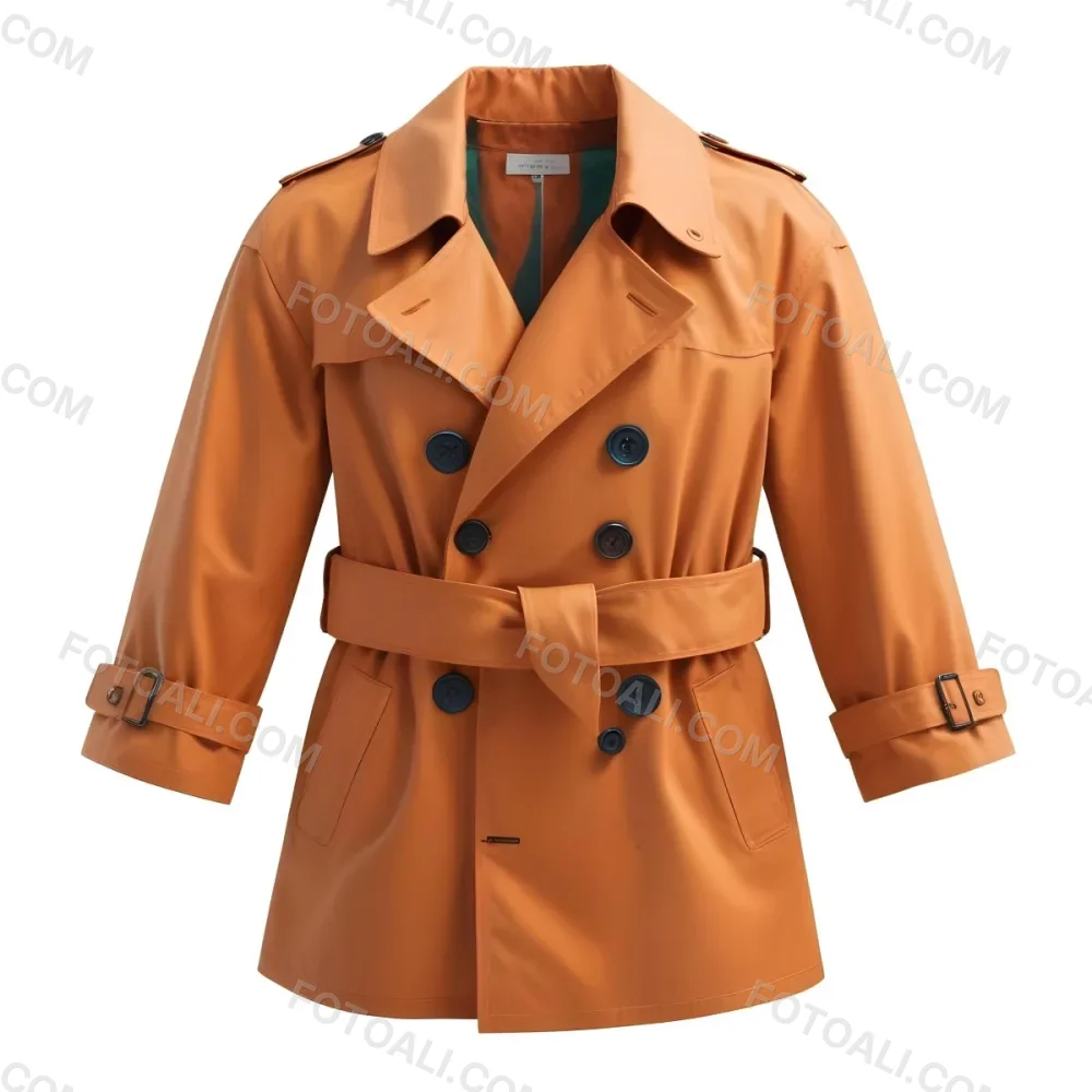 3d Model A Stylized Cartoonish Trench Coat In A Warm Orange Color Featuring A Double Breasted Design With Dark Buttons And A Wide Belt Around The Waist The Coat Has A Classic Collar And Rolled Up Sleeves Giving It A 77 F8d5