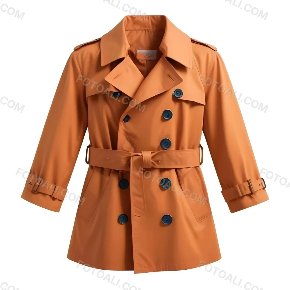 3d Model A Stylized Cartoonish Trench Coat In A Warm Orange Color Featuring A Double Breasted Design With Dark Buttons And A Wide Belt Around The Waist The Coat Has A Classic Collar And Rolled Up Sleeves Giving It A 80 6791
