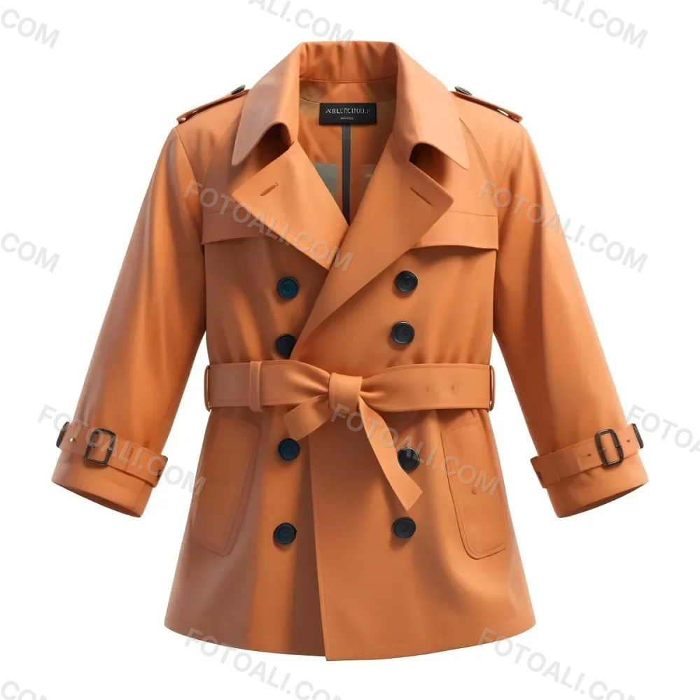 3d Model A Stylized Cartoonish Trench Coat In A Warm Orange Color Featuring A Double Breasted Design With Dark Buttons And A Wide Belt Around The Waist The Coat Has A Classic Collar And Rolled Up Sleeves Giving It A 88 D4ae