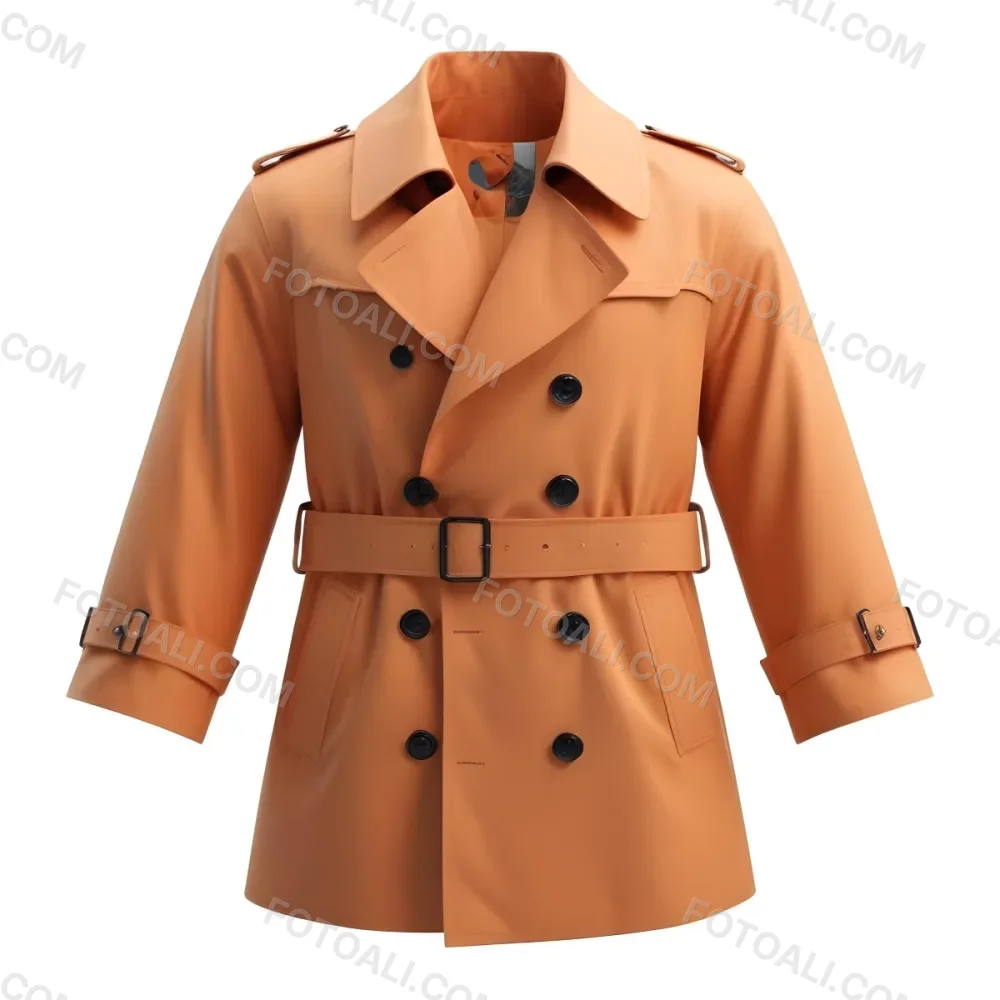 3d Model A Stylized Cartoonish Trench Coat In A Warm Orange Color Featuring A Double Breasted Design With Dark Buttons And A Wide Belt Around The Waist The Coat Has A Classic Collar And Rolled Up Sleeves Giving It A 89 7d84
