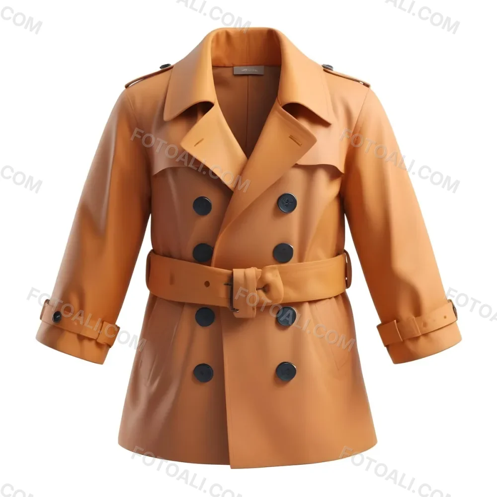 3d Model A Stylized Cartoonish Trench Coat In A Warm Orange Color Featuring A Double Breasted Design With Dark Buttons And A Wide Belt Around The Waist The Coat Has A Classic Collar And Rolled Up Sleeves Giving It A 90 4b8a