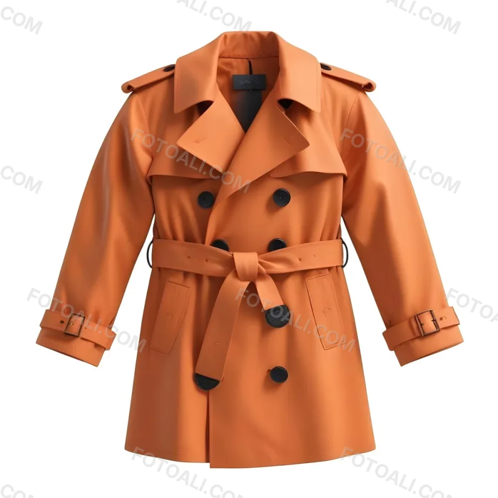3d Model A Stylized Cartoonish Trench Coat In A Warm Orange Color Featuring A Double Breasted Design With Dark Buttons And A Wide Belt Around The Waist The Coat Has A Classic Collar And Rolled Up Sleeves Giving It A 91 0faf