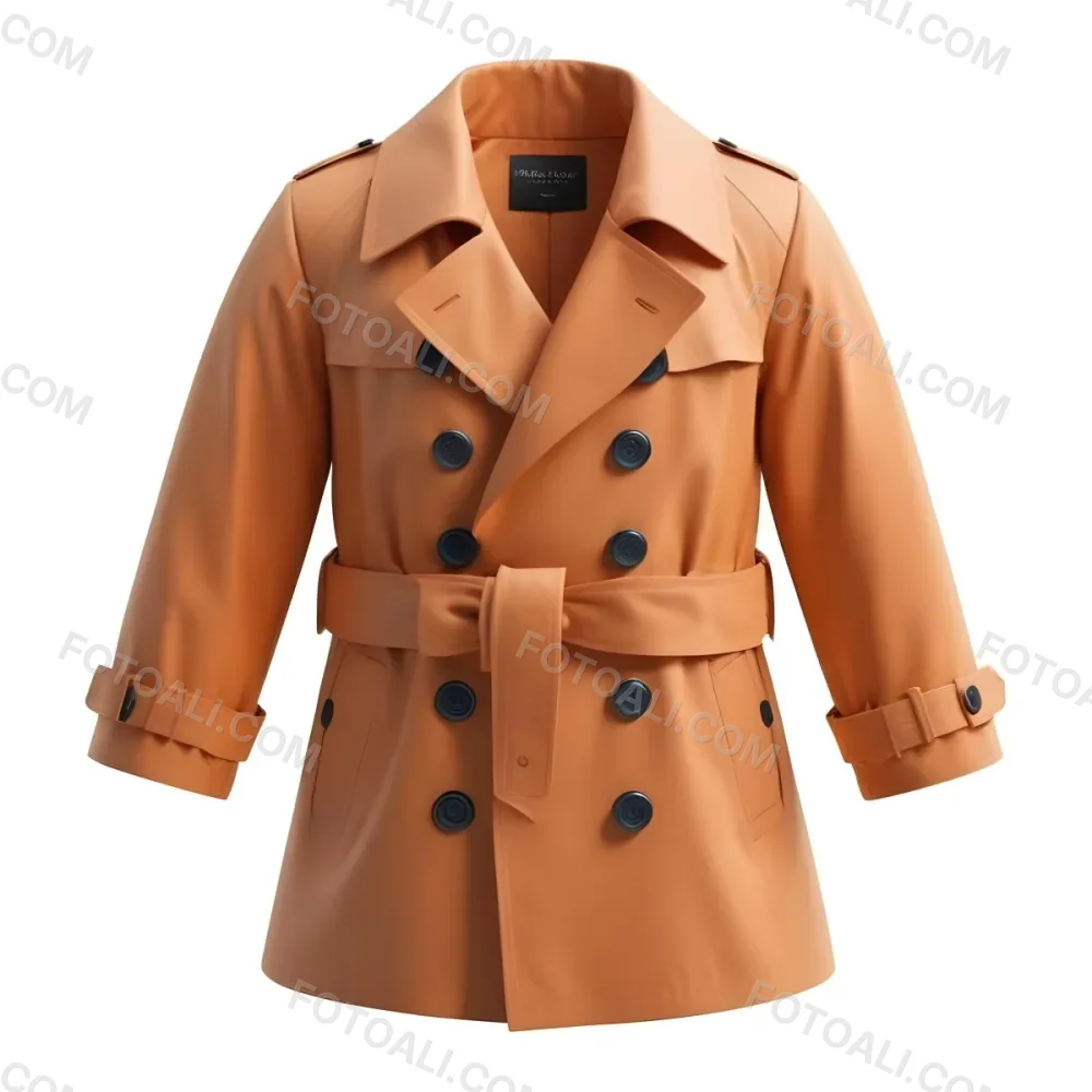 3d Model A Stylized Cartoonish Trench Coat In A Warm Orange Color Featuring A Double Breasted Design With Dark Buttons And A Wide Belt Around The Waist The Coat Has A Classic Collar And Rolled Up Sleeves Giving It A 92 479c