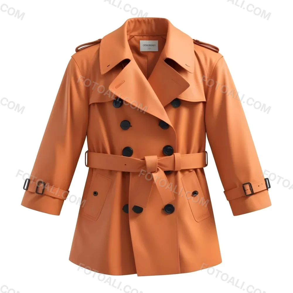 3d Model A Stylized Cartoonish Trench Coat In A Warm Orange Color Featuring A Double Breasted Design With Dark Buttons And A Wide Belt Around The Waist The Coat Has A Classic Collar And Rolled Up Sleeves Giving It A 93 3cb9