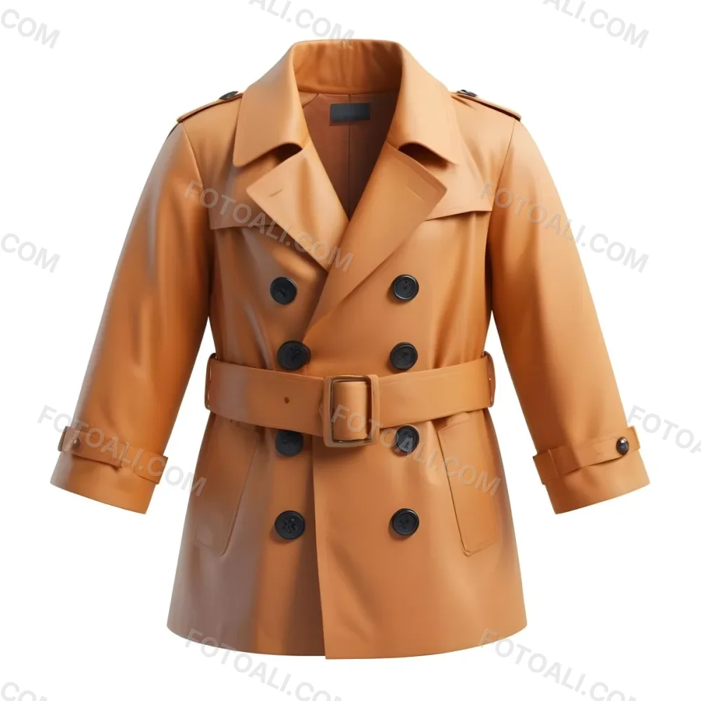 3d Model A Stylized Cartoonish Trench Coat In A Warm Orange Color Featuring A Double Breasted Design With Dark Buttons And A Wide Belt Around The Waist The Coat Has A Classic Collar And Rolled Up Sleeves Giving It A 94 9c99