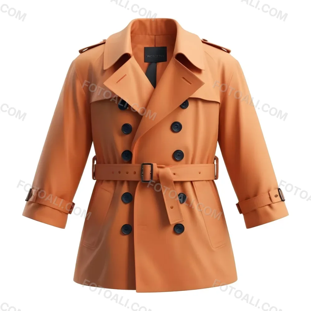 3d Model A Stylized Cartoonish Trench Coat In A Warm Orange Color Featuring A Double Breasted Design With Dark Buttons And A Wide Belt Around The Waist The Coat Has A Classic Collar And Rolled Up Sleeves Giving It A 95 38b2