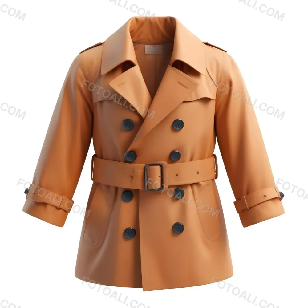 3d Model A Stylized Cartoonish Trench Coat In A Warm Orange Color Featuring A Double Breasted Design With Dark Buttons And A Wide Belt Around The Waist The Coat Has A Classic Collar And Rolled Up Sleeves Giving It A 96 F481