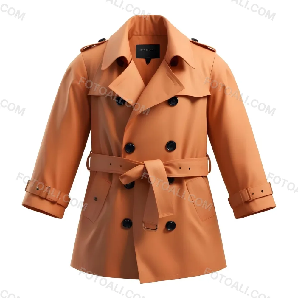 3d Model A Stylized Cartoonish Trench Coat In A Warm Orange Color Featuring A Double Breasted Design With Dark Buttons And A Wide Belt Around The Waist The Coat Has A Classic Collar And Rolled Up Sleeves Giving It A 97 71bb