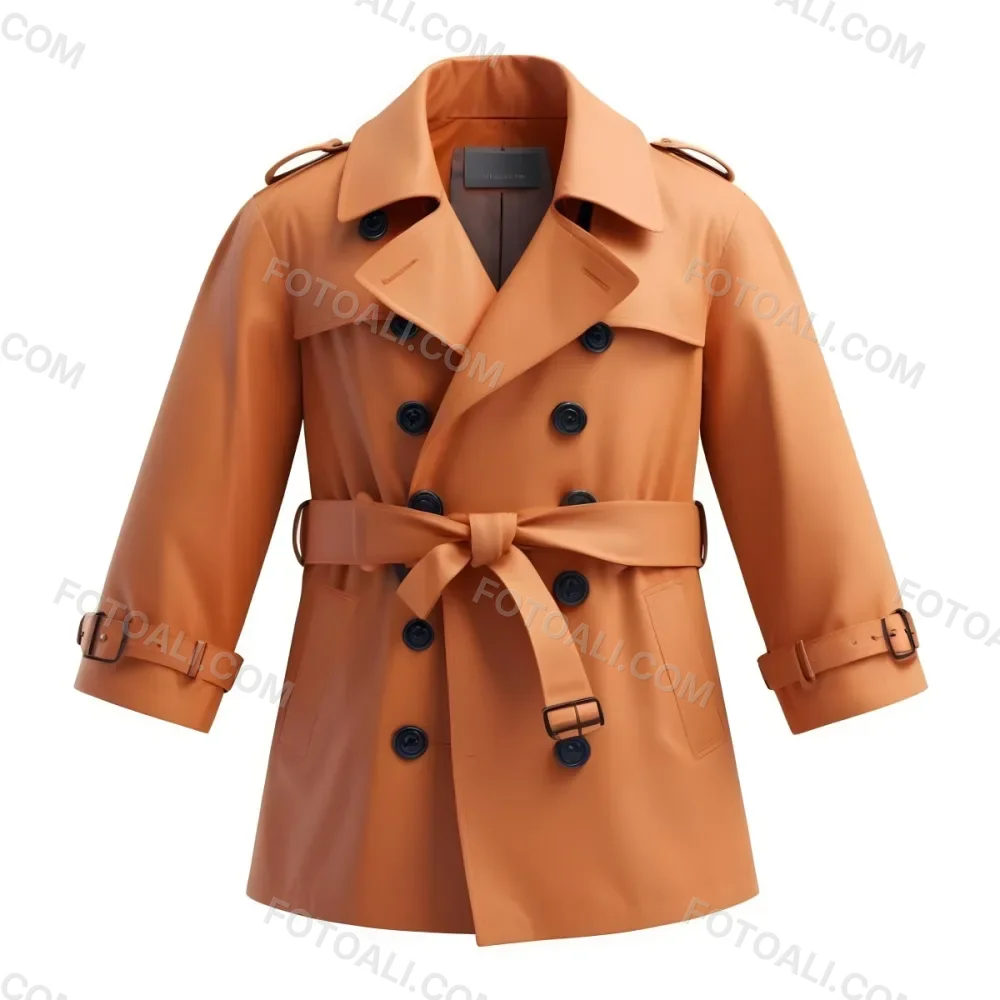 3d Model A Stylized Cartoonish Trench Coat In A Warm Orange Color Featuring A Double Breasted Design With Dark Buttons And A Wide Belt Around The Waist The Coat Has A Classic Collar And Rolled Up Sleeves Giving It A 98 B2fd