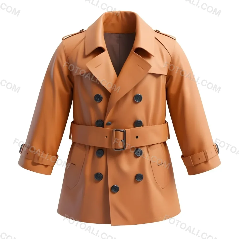3d Model A Stylized Cartoonish Trench Coat In A Warm Orange Color Featuring A Double Breasted Design With Dark Buttons And A Wide Belt Around The Waist The Coat Has A Classic Collar And Rolled Up Sleeves Giving It A 99 47a1