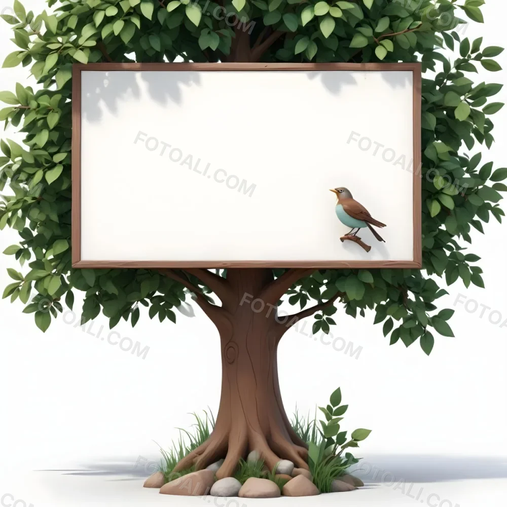 3d Model A Stylized Tree With A Brown Trunk And Green Leaves Featuring A Blank White Sign In The Center A Small Bird Is Perched On The Top Left Side Of The Sign The Base Of The Tree Has Some Grass And A Few Rocks Fi 214 2255