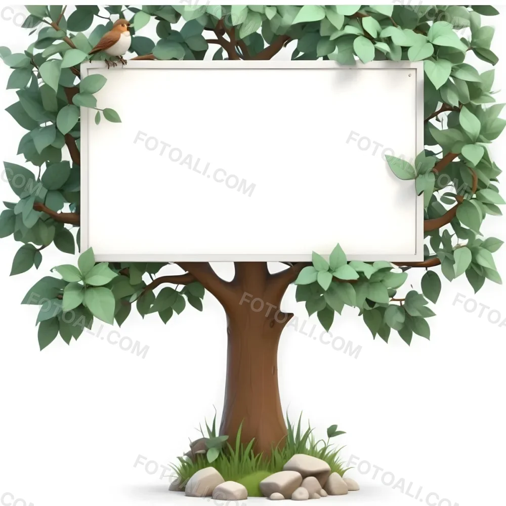 3d Model A Stylized Tree With A Brown Trunk And Green Leaves Featuring A Blank White Sign In The Center A Small Bird Is Perched On The Top Left Side Of The Sign The Base Of The Tree Has Some Grass And A Few Rocks Fi 5 4c0e