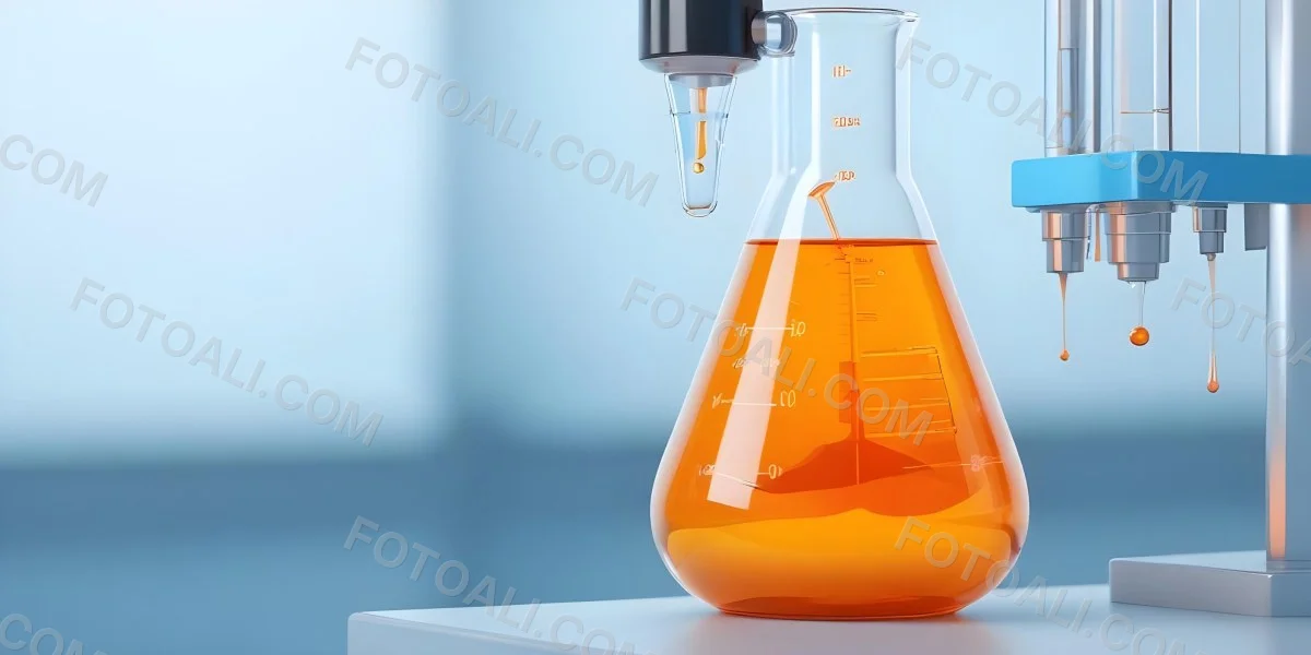 3d Model A Transparent Erlenmeyer Flask Filled With Orange Liquid A Pipette Dripping Into The Flask On A White Pedestal Light Blue Background Figure Octane Render Volumetric Highly Detailed Videogame Aesthetic 12 F930