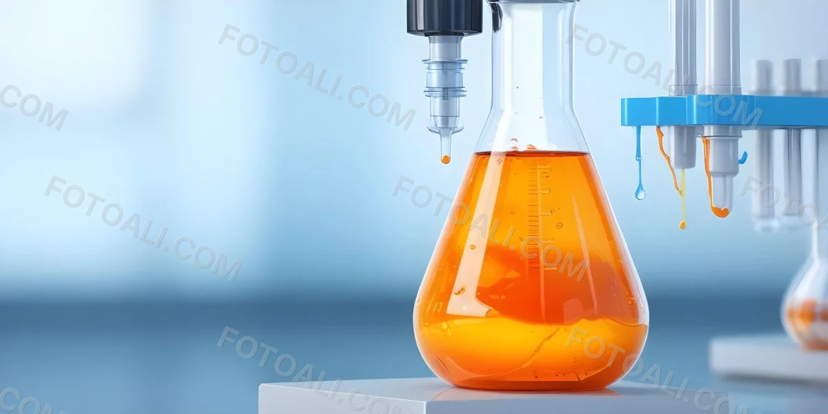 3d Model A Transparent Erlenmeyer Flask Filled With Orange Liquid A Pipette Dripping Into The Flask On A White Pedestal Light Blue Background Figure Octane Render Volumetric Highly Detailed Videogame Aesthetic 21 B174
