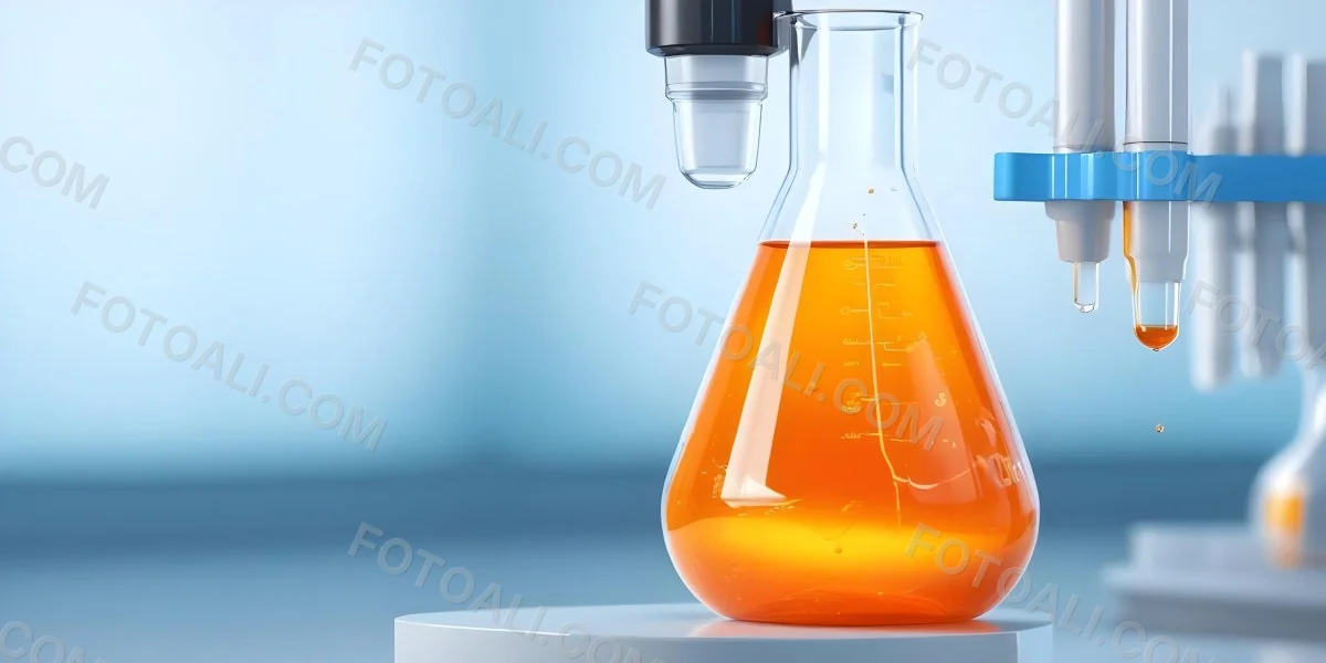 3d Model A Transparent Erlenmeyer Flask Filled With Orange Liquid A Pipette Dripping Into The Flask On A White Pedestal Light Blue Background Figure Octane Render Volumetric Highly Detailed Videogame Aesthetic 23 953a