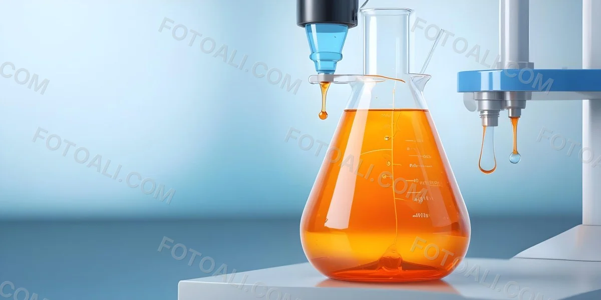 3d Model A Transparent Erlenmeyer Flask Filled With Orange Liquid A Pipette Dripping Into The Flask On A White Pedestal Light Blue Background Figure Octane Render Volumetric Highly Detailed Videogame Aesthetic 25 Af97