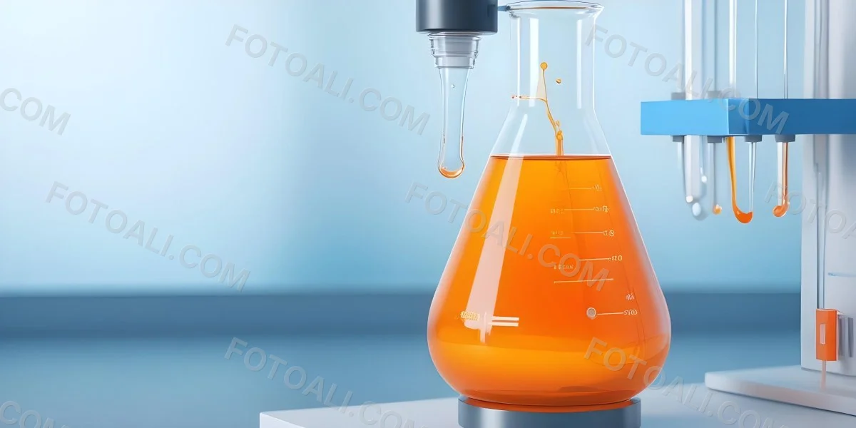 3d Model A Transparent Erlenmeyer Flask Filled With Orange Liquid A Pipette Dripping Into The Flask On A White Pedestal Light Blue Background Figure Octane Render Volumetric Highly Detailed Videogame Aesthetic 27 C9c9