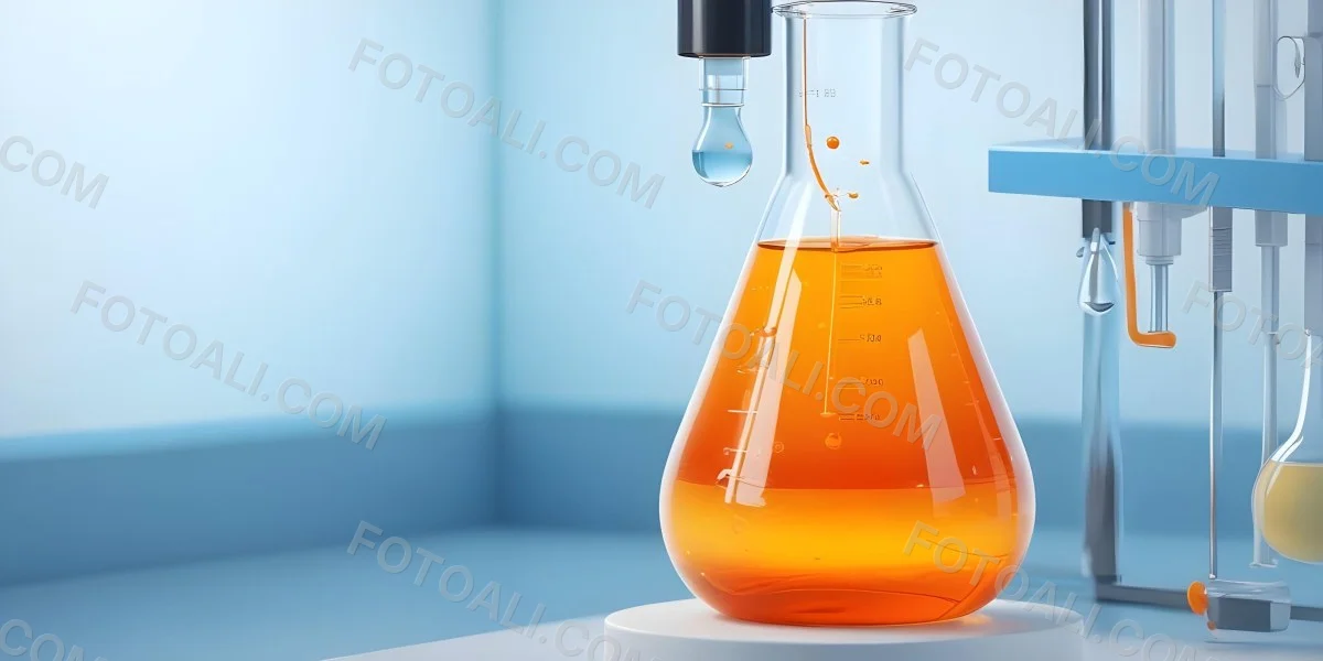 3d Model A Transparent Erlenmeyer Flask Filled With Orange Liquid A Pipette Dripping Into The Flask On A White Pedestal Light Blue Background Figure Octane Render Volumetric Highly Detailed Videogame Aesthetic 31 Fb2d