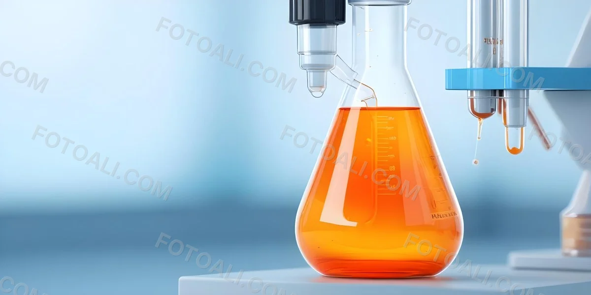 3d Model A Transparent Erlenmeyer Flask Filled With Orange Liquid A Pipette Dripping Into The Flask On A White Pedestal Light Blue Background Figure Octane Render Volumetric Highly Detailed Videogame Aesthetic 33 A509
