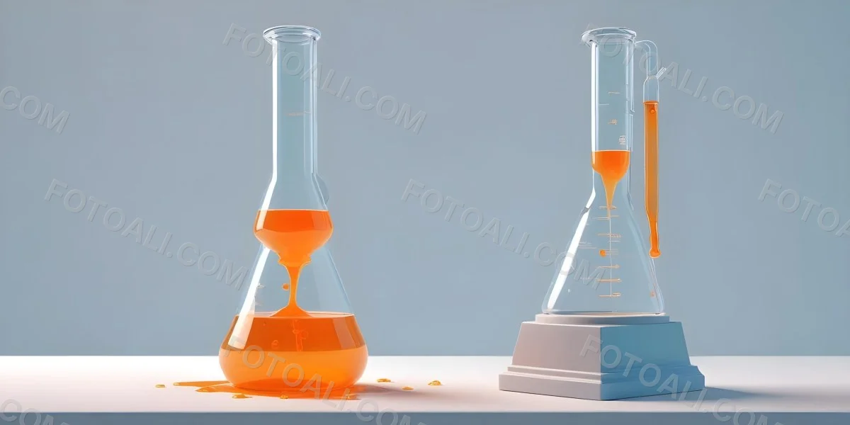 3d Model A Transparent Erlenmeyer Flask Filled With Orange Liquid A Pipette Dripping Into The Flask On A White Pedestal Light Blue Background Figure Octane Render Volumetric Highly Detailed Videogame Aesthetic 34 50e7