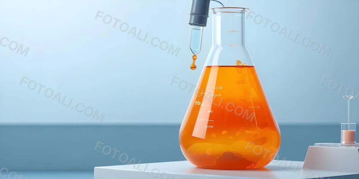 3d Model A Transparent Erlenmeyer Flask Filled With Orange Liquid A Pipette Dripping Into The Flask On A White Pedestal Light Blue Background Figure Octane Render Volumetric Highly Detailed Videogame Aesthetic 6 3e45