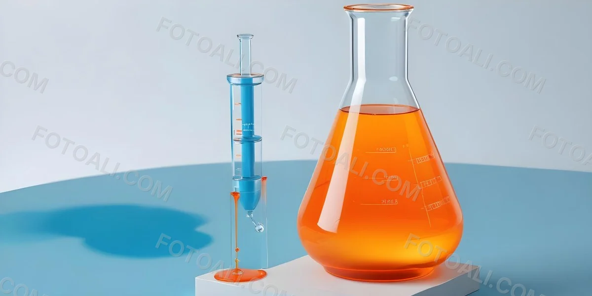 3d Model A Transparent Erlenmeyer Flask Filled With Orange Liquid A Pipette Dripping Into The Flask On A White Pedestal Light Blue Background Figure Octane Render Volumetric Highly Detailed Videogame Aesthetic 7 9034