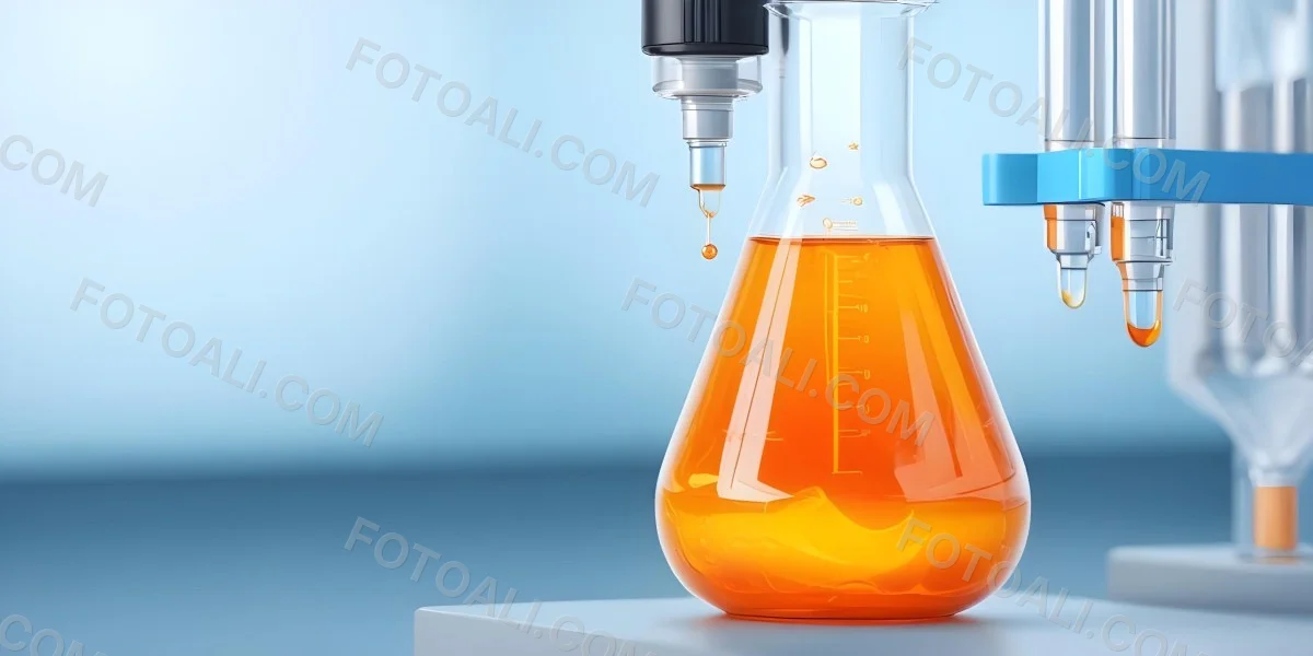 3d Model A Transparent Erlenmeyer Flask Filled With Orange Liquid A Pipette Dripping Into The Flask On A White Pedestal Light Blue Background Figure Octane Render Volumetric Highly Detailed Videogame Aesthetic 8 5822