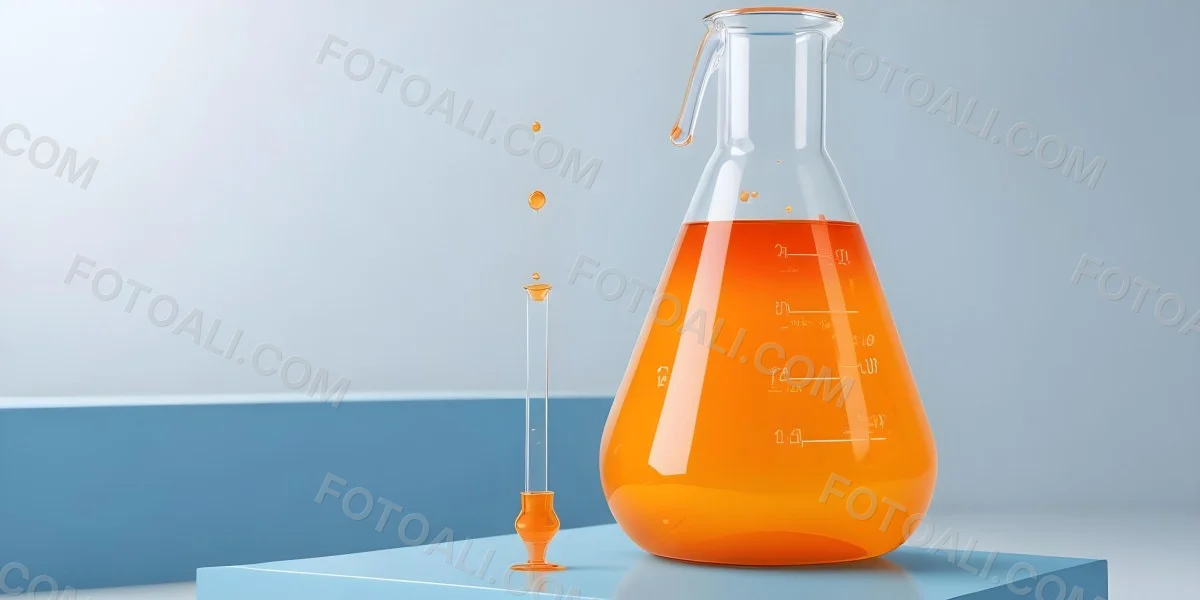 3d Model A Transparent Erlenmeyer Flask Filled With Orange Liquid A Pipette Dripping Into The Flask On A White Pedestal Light Blue Background Figure Octane Render Volumetric Highly Detailed Videogame Aesthetic 9 2c8a