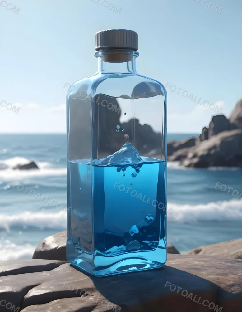 3d Model A Transparent Square Bottle With Blue Liquid And A Transparent Dispenser On A Rock Ocean Background Figure Octane Render Volumetric Highly Detailed Videogame Aesthetic 1 1c00