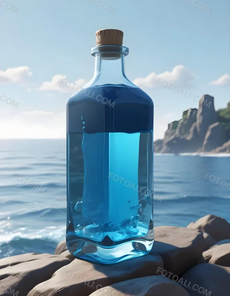 3d Model A Transparent Square Bottle With Blue Liquid And A Transparent Dispenser On A Rock Ocean Background Figure Octane Render Volumetric Highly Detailed Videogame Aesthetic 12 0012