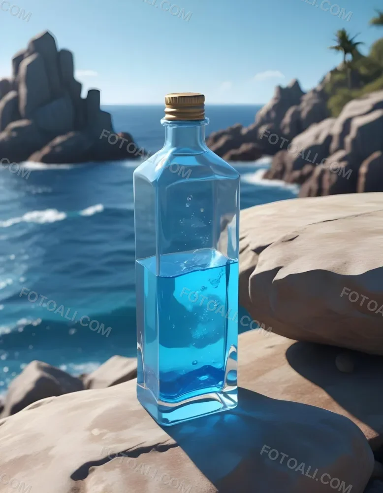 3d Model A Transparent Square Bottle With Blue Liquid And A Transparent Dispenser On A Rock Ocean Background Figure Octane Render Volumetric Highly Detailed Videogame Aesthetic 16 249e