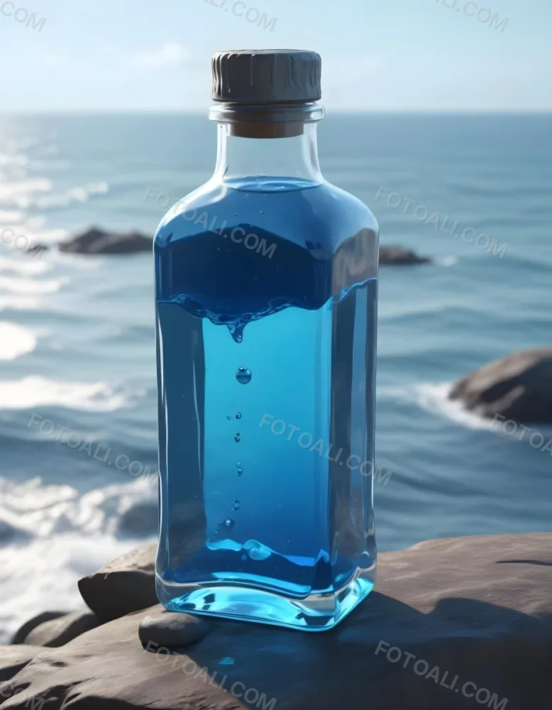 3d Model A Transparent Square Bottle With Blue Liquid And A Transparent Dispenser On A Rock Ocean Background Figure Octane Render Volumetric Highly Detailed Videogame Aesthetic 25 2e40