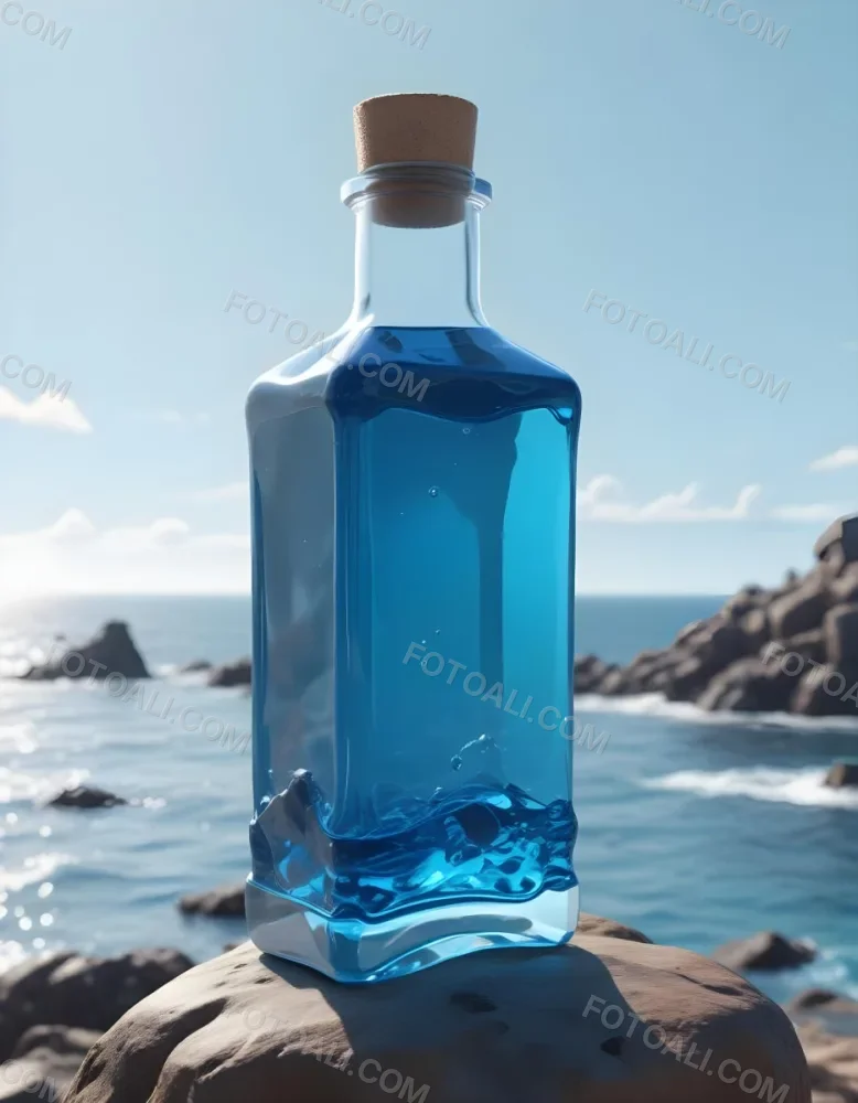 3d Model A Transparent Square Bottle With Blue Liquid And A Transparent Dispenser On A Rock Ocean Background Figure Octane Render Volumetric Highly Detailed Videogame Aesthetic 35 03be