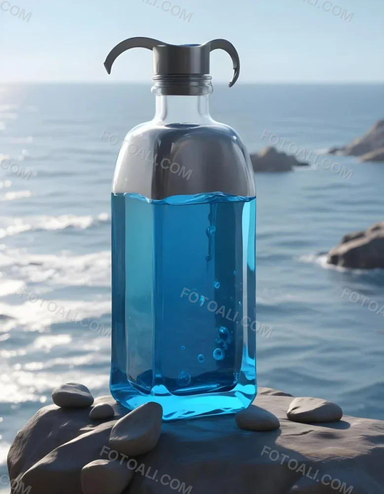 3d Model A Transparent Square Bottle With Blue Liquid And A Transparent Dispenser On A Rock Ocean Background Figure Octane Render Volumetric Highly Detailed Videogame Aesthetic 37 115a