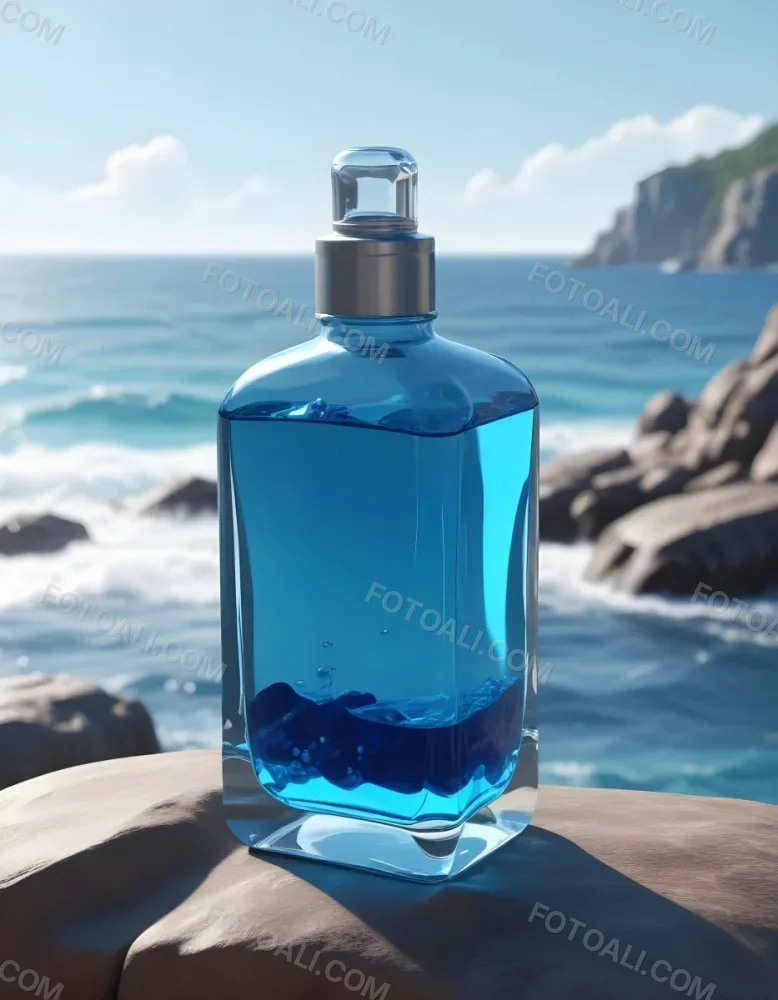 3d Model A Transparent Square Bottle With Blue Liquid And A Transparent Dispenser On A Rock Ocean Background Figure Octane Render Volumetric Highly Detailed Videogame Aesthetic 39 Ce3b
