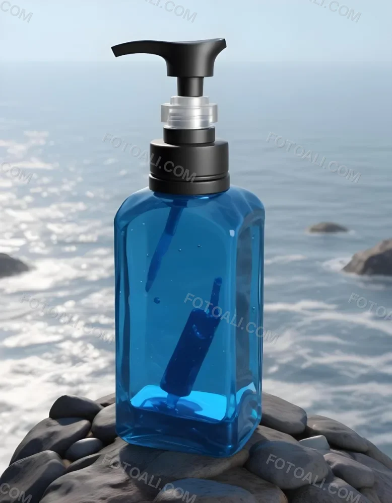 3d Model A Transparent Square Bottle With Blue Liquid And A Transparent Dispenser On A Rock Ocean Background Figure Octane Render Volumetric Highly Detailed Videogame Aesthetic 4 B54d