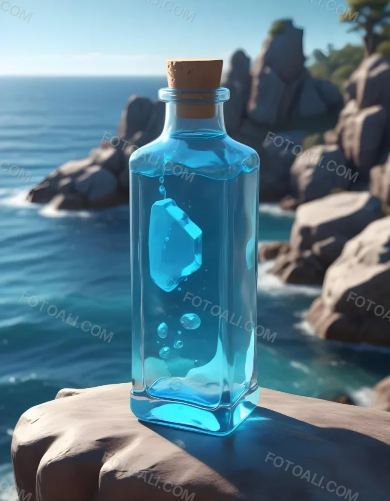 3d Model A Transparent Square Bottle With Blue Liquid And A Transparent Dispenser On A Rock Ocean Background Figure Octane Render Volumetric Highly Detailed Videogame Aesthetic 5 5024