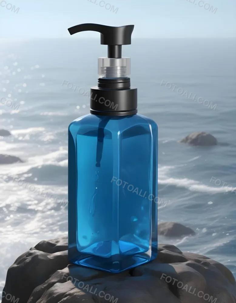 3d Model A Transparent Square Bottle With Blue Liquid And A Transparent Dispenser On A Rock Ocean Background Figure Octane Render Volumetric Highly Detailed Videogame Aesthetic 6 100d