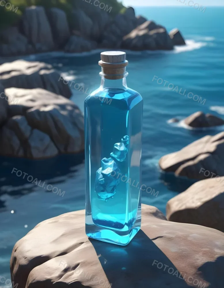 3d Model A Transparent Square Bottle With Blue Liquid And A Transparent Dispenser On A Rock Ocean Background Figure Octane Render Volumetric Highly Detailed Videogame Aesthetic 7 F1c0