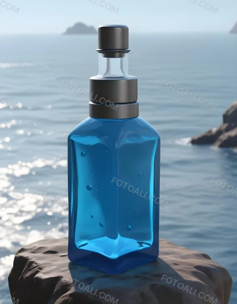 3d Model A Transparent Square Bottle With Blue Liquid And A Transparent Dispenser On A Rock Ocean Background Figure Octane Render Volumetric Highly Detailed Videogame Aesthetic 8 1f7d