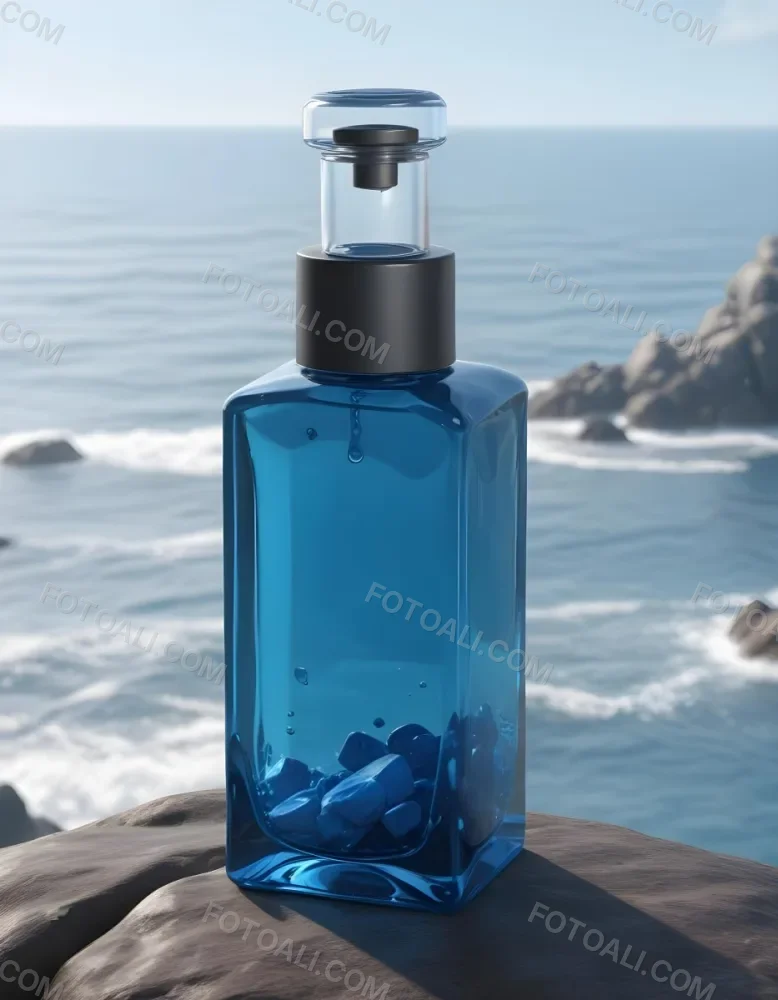 3d Model A Transparent Square Bottle With Blue Liquid And A Transparent Dispenser On A Rock Ocean Background Figure Octane Render Volumetric Highly Detailed Videogame Aesthetic 9 4e51