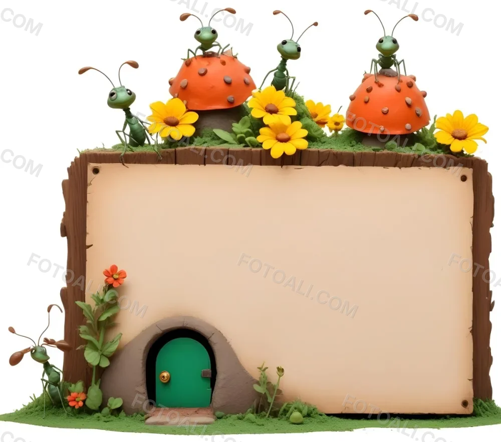 3d Model A Whimsical Scene Featuring A Green Ant Hill With A Small Door And A Chimney Surrounded By Several Cartoon Ants Some Ants Are Wearing Hats The Background Includes A Wooden Sign With A Blank Space For Text A 5 F042